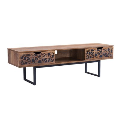 Meuble TV 2 tiroirs et une niche décor bois et motifs noirs L140 cm - Anaëlle CALICOSY