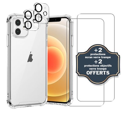 Coque Iphone 12 antichoc + 2 protections écran et 2 protections objectif caméra EVETANE