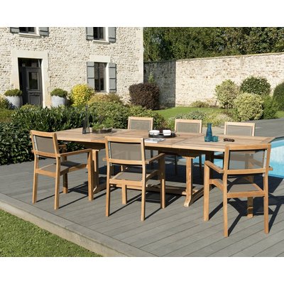 Salon de jardin bois de teck table de jardin extensible 200/300x120cm + 6 fauteuils empilables textilène SUMMER PIER IMPORT