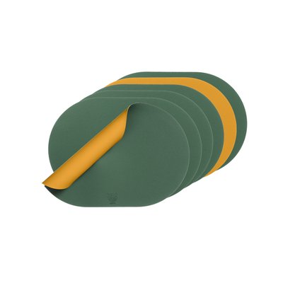 Set de table ovale réversible - 6 pièces - Cuir recyclé jaune moutarde et vert sapin BJORN
