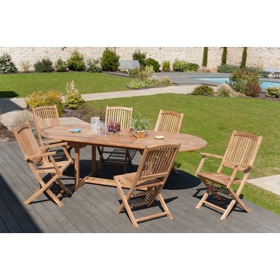 Salon de jardin table d'extérieur extensible ovale 200/240x100cm 4 chaises 2 fauteuils en bois de teck SUMMER PIER IMPORT