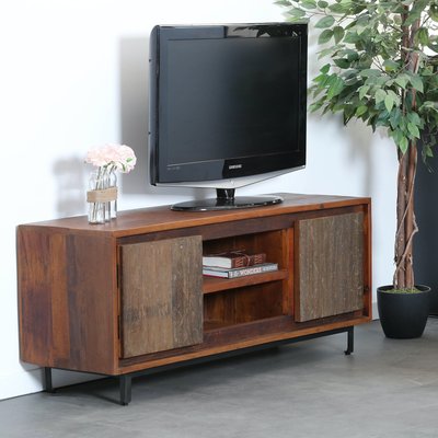 Meuble TV 130cm bois naturel recyclé style campagne facade bois brut KOURSK PIER IMPORT
