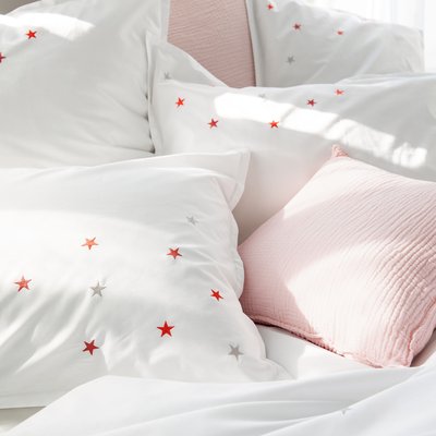 Taie d'oreiller brodée en percale de coton, SONGE D'UNE NUIT D'ÉTÉ BLANC CERISE