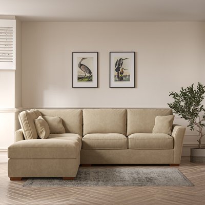 Florence Soft Brushed Corner Sofa & Modular Footstool Set with Dark Brown Wood Legs (Left Facing) SO'HOME