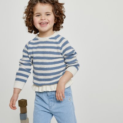 Trui met ronde hals in gestreept fijn tricot met volant LA REDOUTE COLLECTIONS