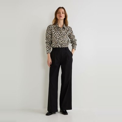 Pantalon large taille haute en lin et coton MONOPRIX