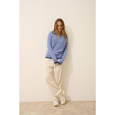 Polo Col V Croisé Bi-Color Sky Chiné + Ocean Chiné Éoliane JUST CASHMERE