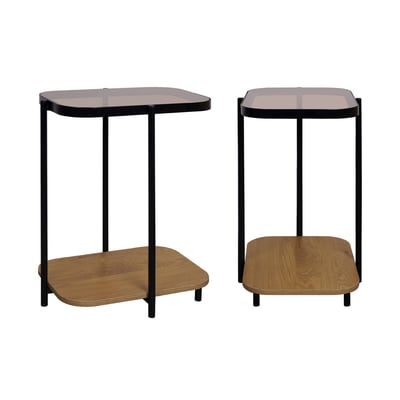 Bouts de canapé, sellette vintage métal et décor bois plateaux en verre (lot de 2) SMOOKY SWEEEK