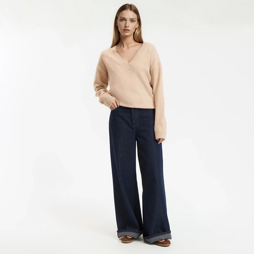 Maglione Donna Alla Coreana Con Scollo A V E Lettera, Stile Accademico Oversize, Tinta Unita, Nero/Bianco, Taglia Unica 40-67 Kg