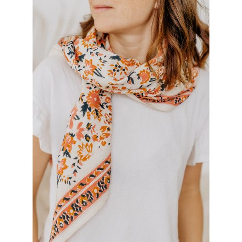 Grand foulard coton imprime goa folk imprime corail Bindi Atelier La Redoute