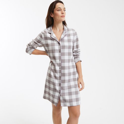Chemise de nuit forme liquette a carreaux carreaux marron beige La Redoute Collections La Redoute