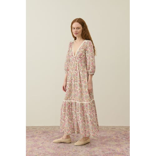 Robe Imprimée Verte à Manches Longues - Taille M/L, Style évasé Genou, Jamais Portée (sans étiquette)