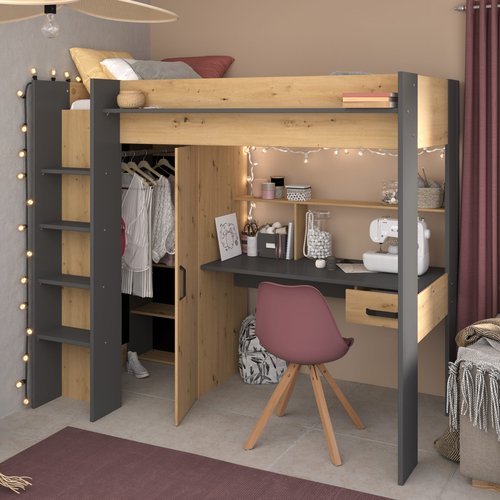 Lit Mezzanine 200x90 Cm Blanc + Matelas 1 Personne - Occasion - Bois