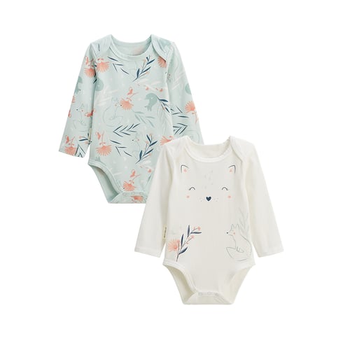 Lot De 2 Bodies Bébé Manches Longues - Motif Paresseux - 100% Coton - Col US - Taille 0-3 Mois / 3-6 Mois
