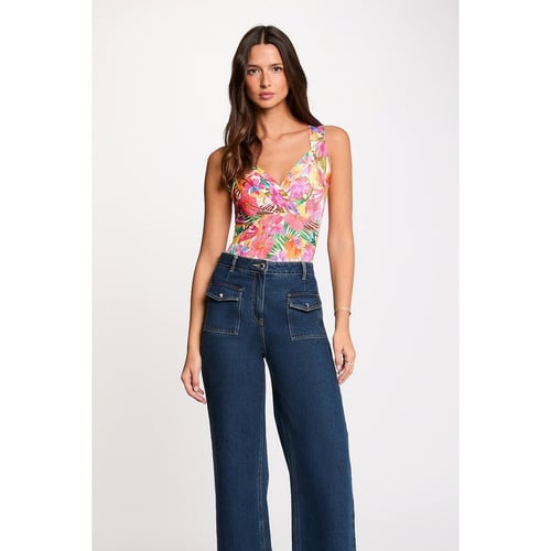 Débardeur Chemisier Femme – Motif Floral Blanc Et Rose – Taille S – Coton Maille – Occasion Très Bon état