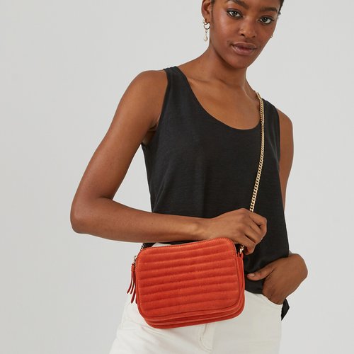 Sac a main en cuir matelasse bandouliere chaine orange La Redoute Collections La Redoute