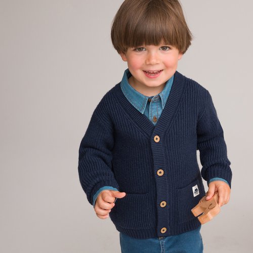Gilet col v en grosse maille boutonne bleu marine La Redoute Collections La Redoute