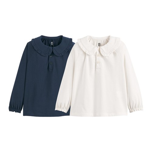 Pack of 2 T Shirts in Cotton with Peter Pan Collar and Long Sleeves