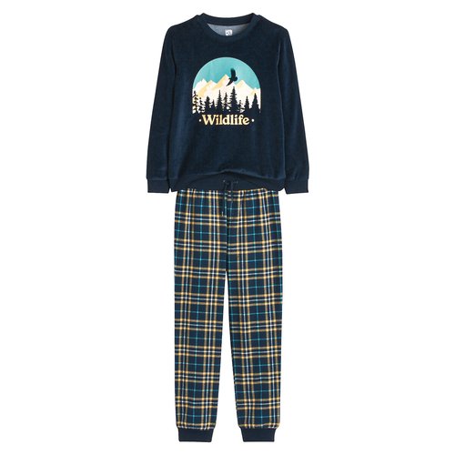Velour flannel pyjamas in cotton mix mountains check print navy blue checked La Redoute Collections La Redoute