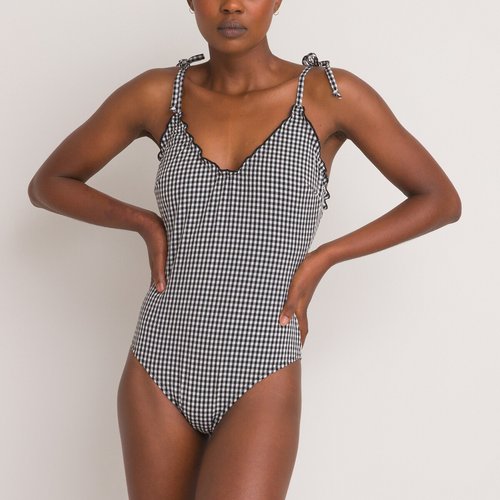Maillot de bain 1 piece ballerine seersucker vichy La Redoute Collections noir blanc La Redoute