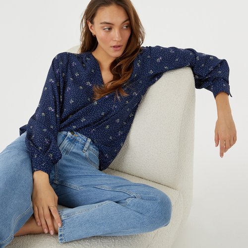 Printed v neck blouse with long sleeves navy print La Redoute Collections La Redoute