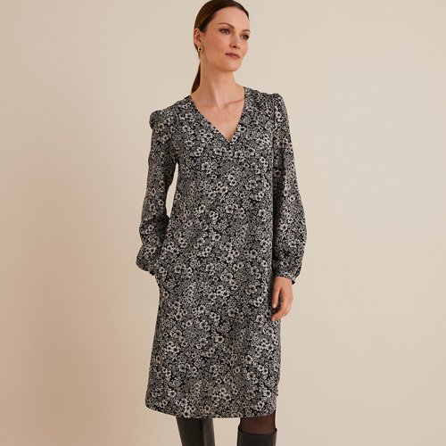 Robe evasee imprime floral mi longue imprime fleurs noir blanc Anne Weyburn La Redoute