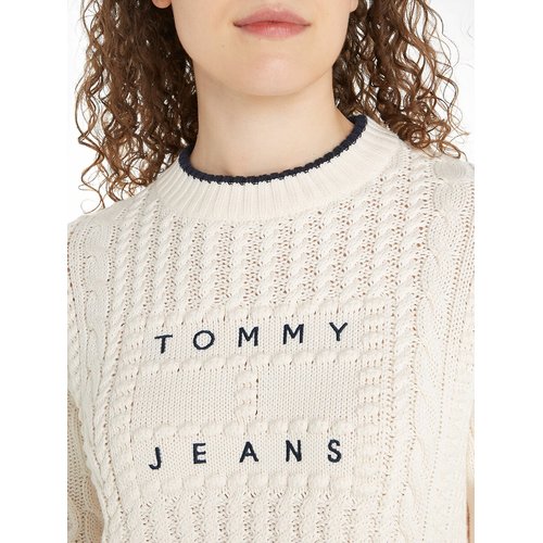 Cable knit cropped jumper sweater in cotton mix off white Tommy Jeans La Redoute