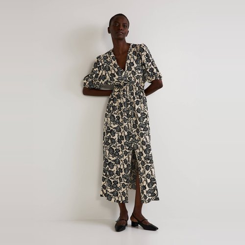 Robe midi elastique a la taille imprimee avoine Monoprix La Redoute