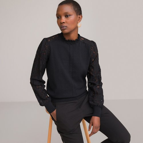 Maglione collo alto maglia fine dettaglio pizzo nero Anne Weyburn La Redoute