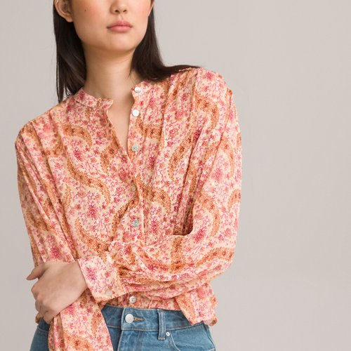 Floral Mandarin Collar Blouse with Long Sleeves