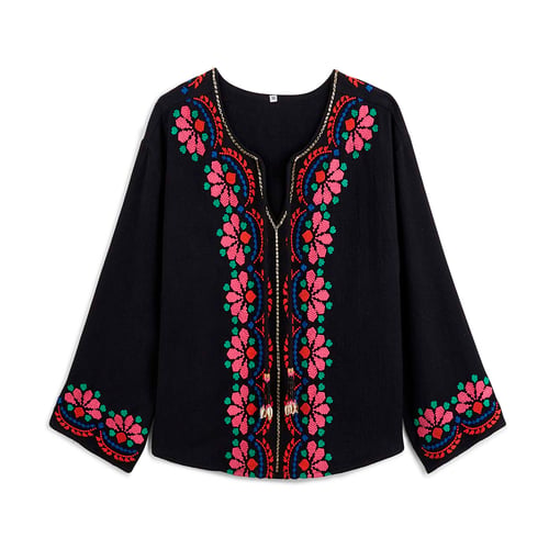 Tunique Top Perles & Broderies Bleu Sur Noir - Taille 40, Coton, Neuf Sans étiquettes