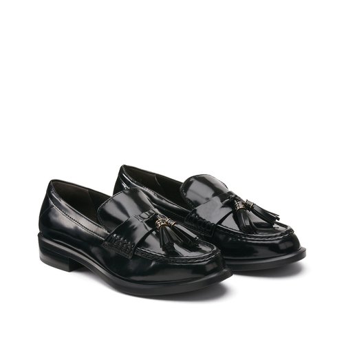 Black leather tassel loafers womens hot sale