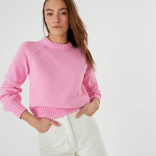 Cotton chunky knit jumper with crew neck pink La Redoute Collections La Redoute