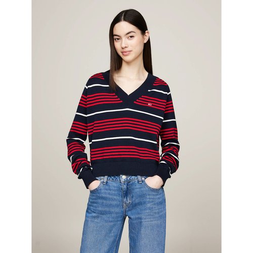 Striped v neck jumper sweater navy white red Tommy Jeans La Redoute
