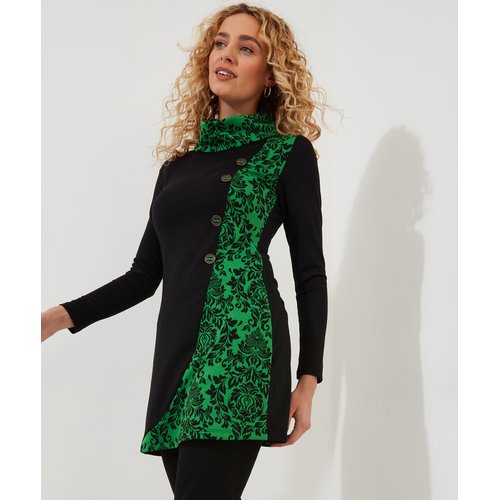Tunique Col Benitier Motif Jacquard Floral Boutons Fantaisie