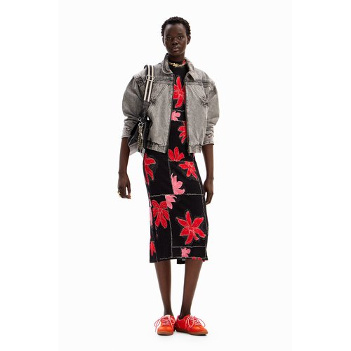 Robe midi tissu cotele fleurs rouge Desigual La Redoute