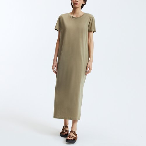 Cotton midi t shirt dress with crew neck and short sleeves khaki green Noisy May La Redoute