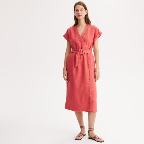 Linen shift dress, midi 3/4 length coral pink Anne Weyburn | La Redoute
