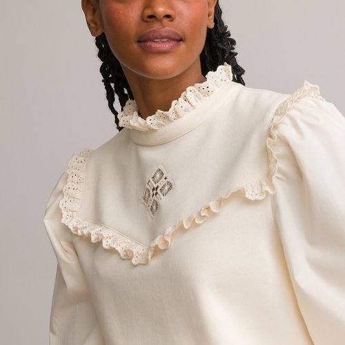 Sudadera cuello con volantes bimaterial con bordado ingles marfil La Redoute Collections La Redoute