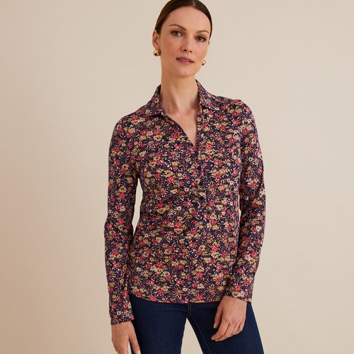 Cotton mix polo shirt in floral print with long sleeves floral print burgundy background Anne Weyburn La Redoute