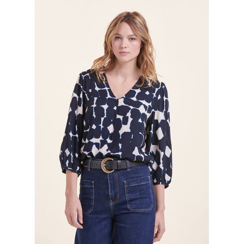 Chemise fluide a imprime ethnique manches 3 4 blanc bleu La Fee Maraboutee La Redoute