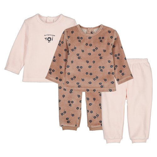 Lot de 2 pyjamas 2 pieces en velours motif fleurs taupe rose La Redoute Collections La Redoute