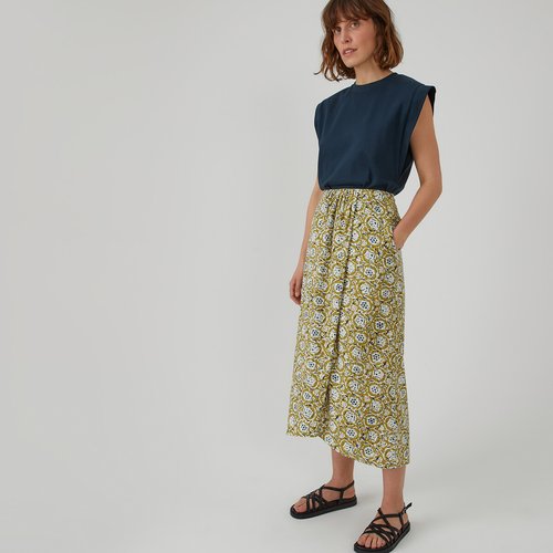 Jupe longue effet drape imprime fleurs La Redoute Collections imprime fond vert La Redoute