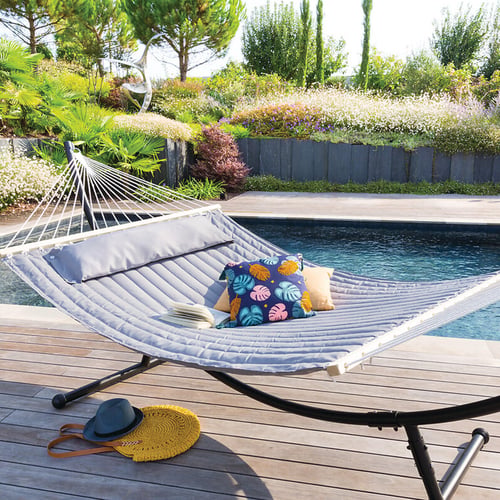 Toile De Hamac Hespéride Syssia Noir - Réversible à Franges - 307 Cm De Longueur
