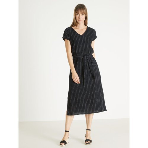 Robe longue crepon coton noir raye blanc Daxon La Redoute