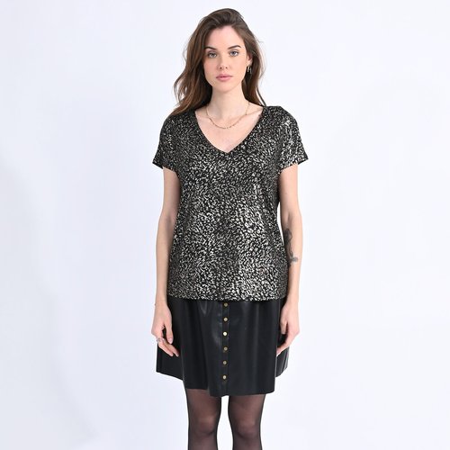 Animal print t shirt with v neck and short sleeves black Molly Bracken La Redoute