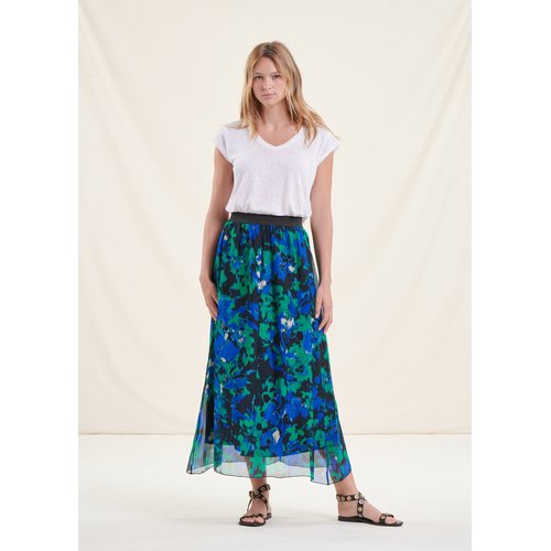 Jupe longue fluide a imprime taille elastique noir bleu La Fee Maraboutee La Redoute