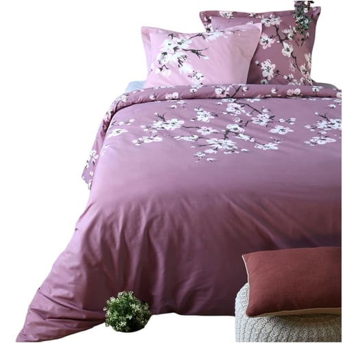 Housse De Couette Violet Beige Fleurs 220x240 Cm - Parure Lit 3 Pièces Microfibre Douce Avec 2 Taies - Literie Adulte Et Enfant
