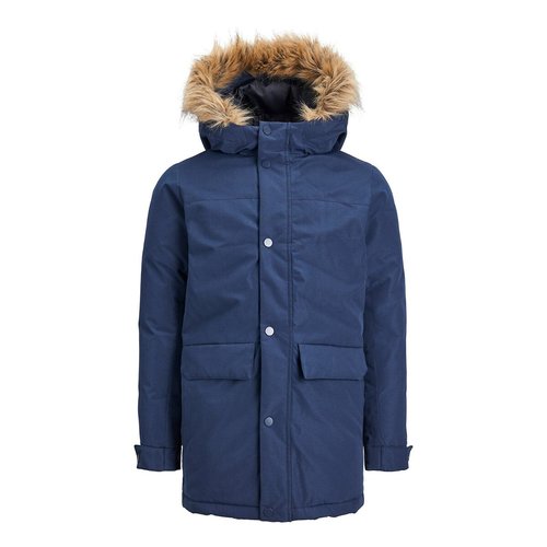 Long hooded parka with faux fur trim navy blue Jack Jones Junior La Redoute