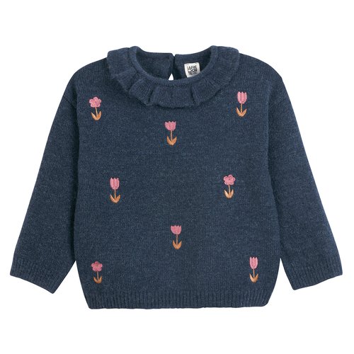 Maglione girocollo volant fine maglia con fiori ricamati